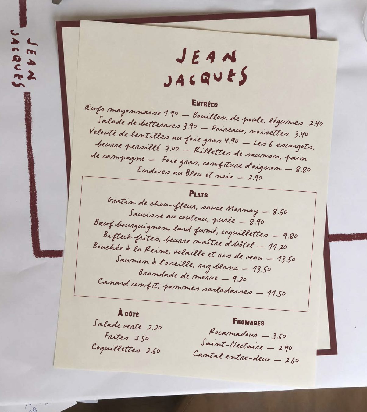The handwritten Jean Jacques menu